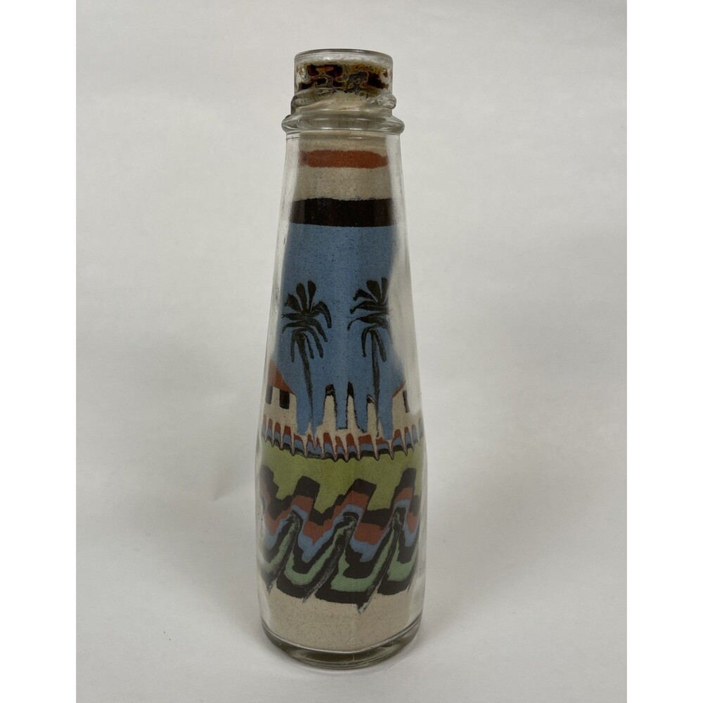 Vintage Sand Art Glass Bottle Colorful Southwest Birds Palm Trees 6.5” Terrarium